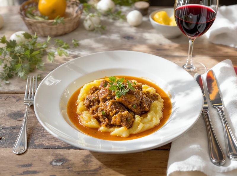 Wein zum Essen Kalbsragout mit Kräutern & Pastinaken auf gedecktem französischen Landhaustisch