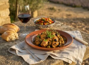 Wein zum Essen – Kaninchenragout mit Oliven und Kräutern der Provence auf rustikalem Steintisch mit Glas Côtes du Rhône Villages