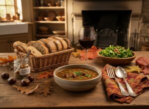 Wein zum Essen Kastanien-Linseneintopf mit Wurzelgemüse und Pinot Noir aus Neuseeland