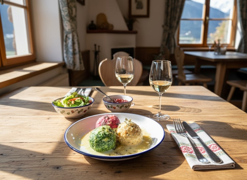 Wein zum Essen Knödeltris mit Spinat-, Rote-Bete- und Speckknödel, Südtiroler Restaurant, Gewürztraminer im Glas, Knödel-Dreierlei, Tischdeko, Beilagen.