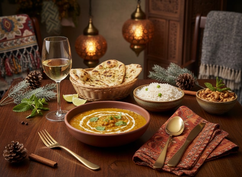 Wein zum Essen – Kürbis-Linsen-Curry mit Kokosmilch, Basmatireis, Naan-Brot und Gewürztraminer Alsace AOC