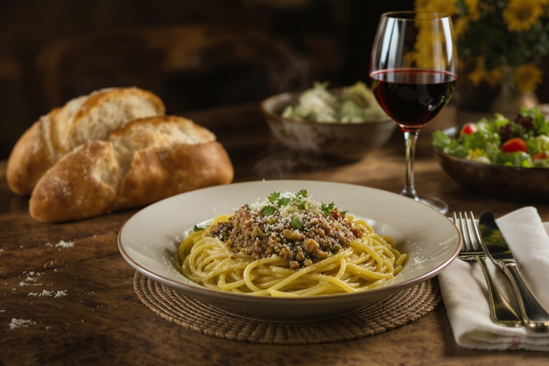 Wein zum Essen – Linsen-Pilz-Bolognese mit Kräutern und Pecorino auf rustikalem Holztisch mit Chianti-Glas