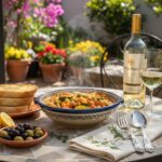 Wein zum Essen Menestra de Verduras mit Rioja Blanco auf spanischem Gartentisch, Weißbrot und Oliven als Beilagen