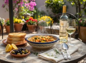 Wein zum Essen Menestra de Verduras mit Rioja Blanco auf spanischem Gartentisch, Weißbrot und Oliven als Beilagen