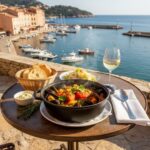 Wein zum Essen Muscheleintopf Bouillabaisse Style mit mediterraner Szenerie und Picpoul de Pinet
