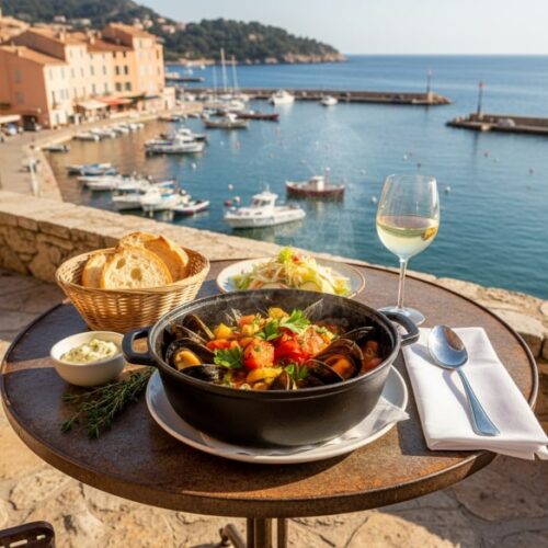 Wein zum Essen Muscheleintopf Bouillabaisse Style mit mediterraner Szenerie und Picpoul de Pinet