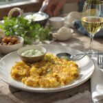 Wein zum Essen – Pastinakenrösti mit Kräuterquark und Apfelchutney auf rustikalem Holztisch mit Sauvignon Blanc Glas