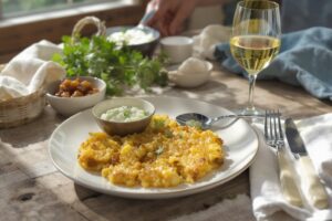 Wein zum Essen – Pastinakenrösti mit Kräuterquark und Apfelchutney auf rustikalem Holztisch mit Sauvignon Blanc Glas