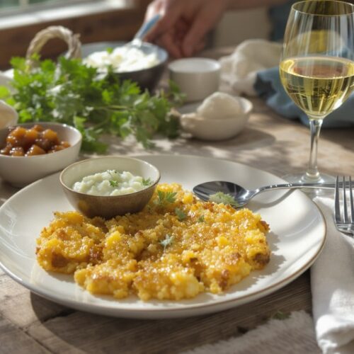 Wein zum Essen – Pastinakenrösti mit Kräuterquark und Apfelchutney auf rustikalem Holztisch mit Sauvignon Blanc Glas