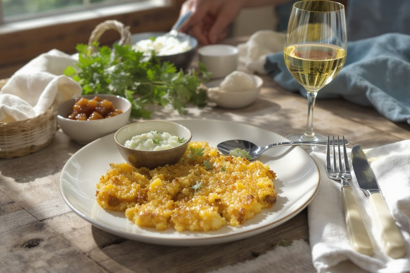 Wein zum Essen – Pastinakenrösti mit Kräuterquark und Apfelchutney auf rustikalem Holztisch mit Sauvignon Blanc Glas