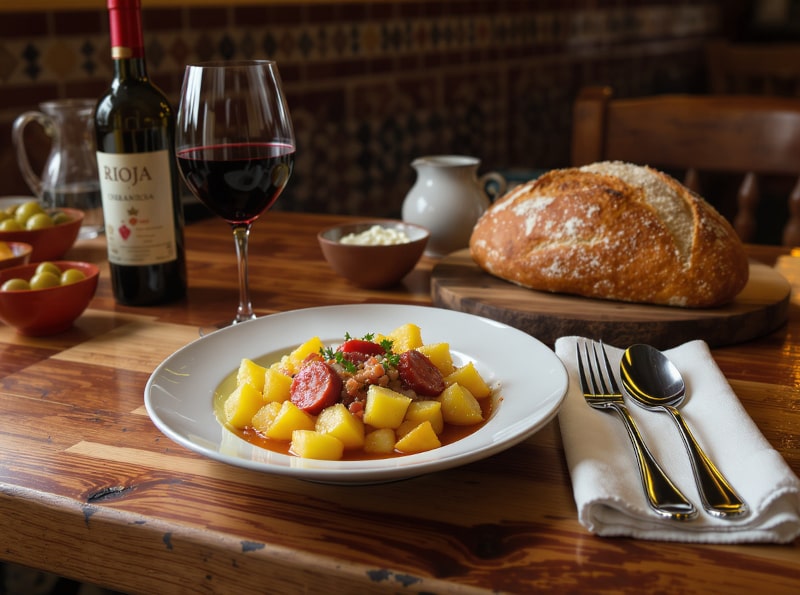 Wein zum Essen – Patatas a la Riojana mit Rioja Crianza auf Holztisch in Tapas-Bar in Logroño