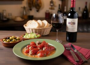 Wein zum Essen Pimientos del piquillo rellenos de carne mit Tempranillo, Weißbrot und Oliven auf spanischer Tapasplatte