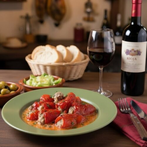Wein zum Essen Pimientos del piquillo rellenos de carne mit Tempranillo, Weißbrot und Oliven auf spanischer Tapasplatte
