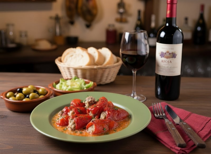 Wein zum Essen Pimientos del piquillo rellenos de carne mit Tempranillo, Weißbrot und Oliven auf spanischer Tapasplatte