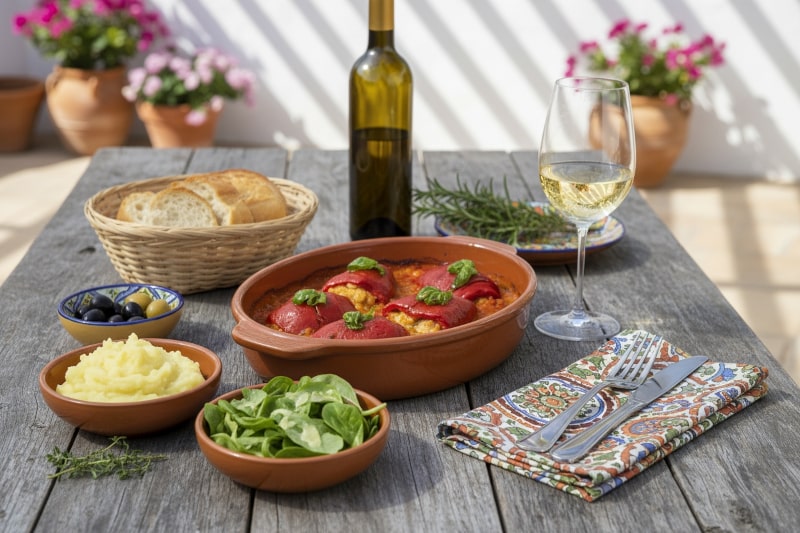 Wein zum Essen – Spanische Pimientos rellenos de Bacalao mit Rioja Blanco und mediterraner Beilagenplatte auf Terrasse