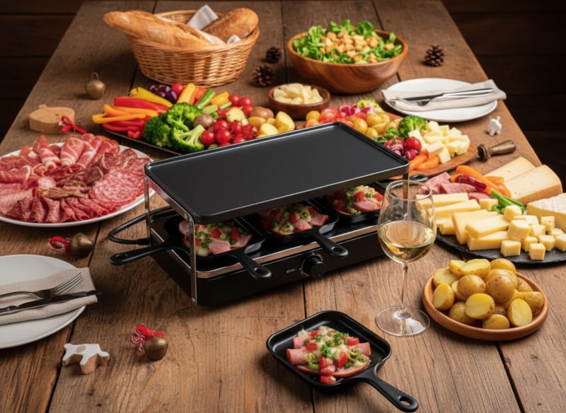 Wein zum Essen Raclette mit Gemüse, Rohschinken und Käse, Schweizer Tisch, Fendant im Glas, buntes Raclette, Partygericht, alpine Deko.