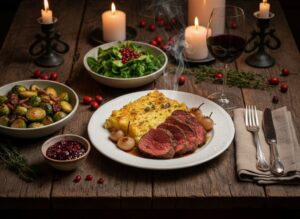 Wein zum Essen – Rehkeule mit Portwein-Zwiebeln und Kartoffelgratin auf rustikalem Holztisch mit Glas Blaufränkisch Eisenberg DAC