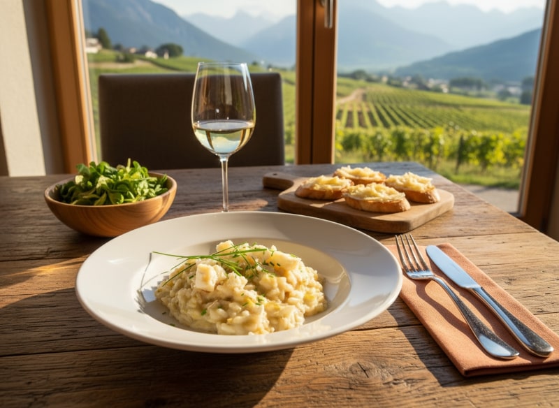 Wein zum Essen Risotto mit Graukäse und Birne, Südtiroler Gasthaus, Riesling aus dem Vinschgau, rustikaler Holztisch, vegetarisches Alpenmenü.