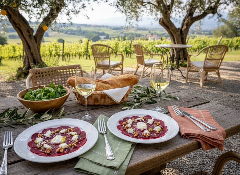 Wein zum Essen Rote-Beete-Carpaccio mit Ziegenkäse und Walnüssen auf mediterran gedecktem Tisch, Sauvignon Blanc aus Südtirol, Weingläser und Beilagen.