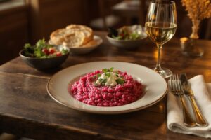 Wein zum Essen – Rote-Bete-Risotto mit Meerrettich und Ziegenkäse auf Holztisch mit Pinot Gris Glas
