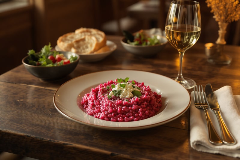 Wein zum Essen – Rote-Bete-Risotto mit Meerrettich und Ziegenkäse auf Holztisch mit Pinot Gris Glas