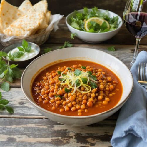 Wein zum Essen Rote-Linsen-Eintopf mit Wurzelgemüse & Kreuzkümmel auf rustikal gedecktem Holztisch