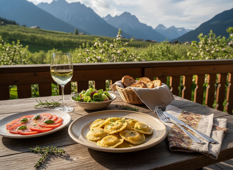 Wein zum Essen Schlutzkrapfen mit Spinat-Ricotta-Füllung & brauner Butter, Südtiroler Landschaft, Holztisch, Beilagen, Weißwein, mediterrane Tischszene.