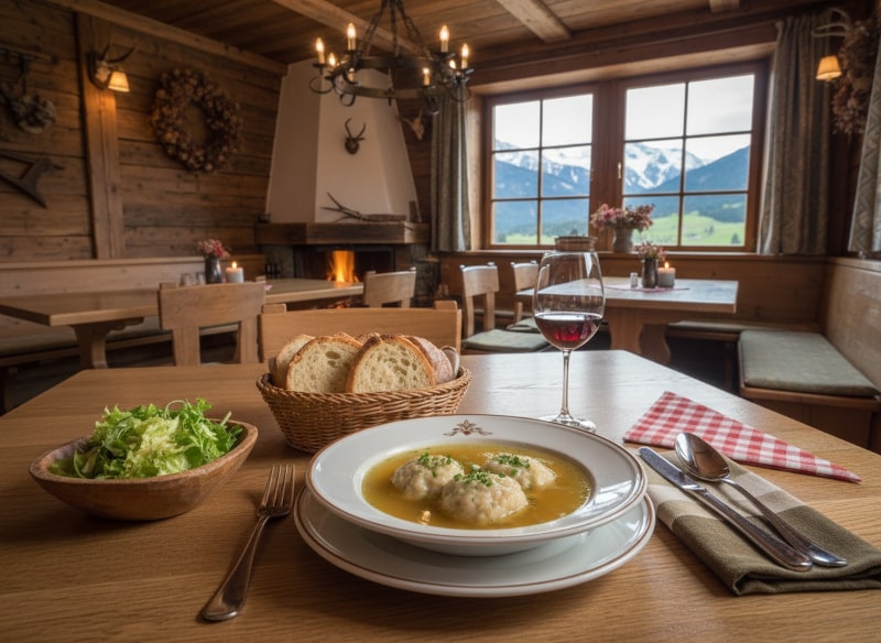 Wein zum Essen Speckknödel in Rinderbrühe mit Vernatsch, Südtiroler Landhausstil auf Holztisch, Blattsalat, Brot und uriger Dekoration.
