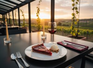 Wein zum Essen Tarta de Peras al Vino Tinto mit Rioja und Vanilleeis auf herbstlichem Gartentisch, Walnüsse und Mandeln als Beilage