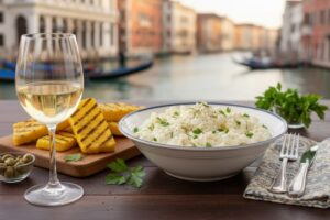 Wein zum Essen: Cremiger Baccalà mantecato auf Polenta neben einem Glas Soave Classico Weißwein in Venedig.