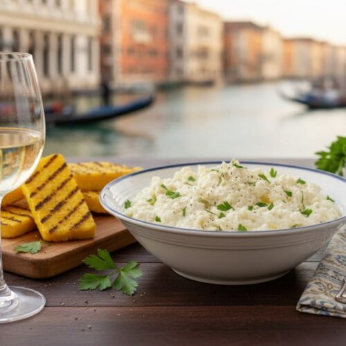 Wein zum Essen: Cremiger Baccalà mantecato auf Polenta neben einem Glas Soave Classico Weißwein in Venedig.