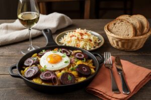 Wein zum Essen: Deftiges Blunz’n-Gröstl in der Eisenpfanne mit roten Zwiebeln und einem Glas Weißwein.