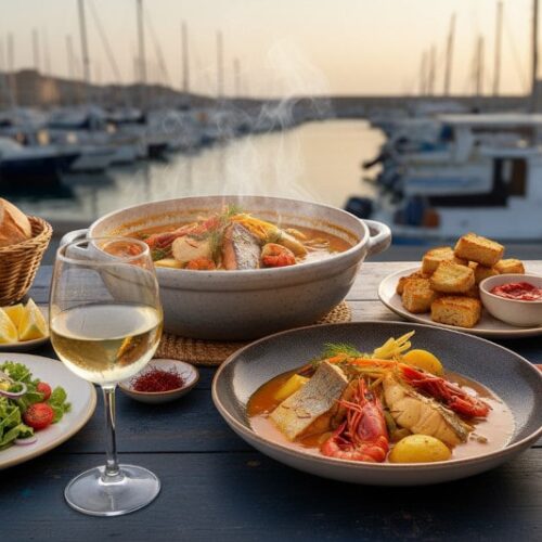 Wein zum Essen: Original provenzalische Bouillabaisse im Tontopf mit Rouille und einem Glas Cassis Weißwein am Hafen.