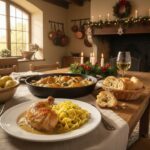 Wein zum Essen Coq au Vin Blanc mit Hähnchen, Weißweinsauce, Gemüse und Kräutern, Landhaustisch im französischen Stil, Riesling-Weinglas, Schmorgericht.