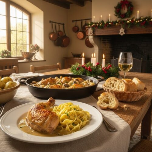 Wein zum Essen Coq au Vin Blanc mit Hähnchen, Weißweinsauce, Gemüse und Kräutern, Landhaustisch im französischen Stil, Riesling-Weinglas, Schmorgericht.