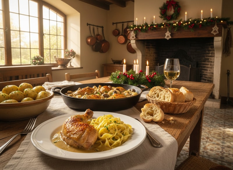 Wein zum Essen Coq au Vin Blanc mit Hähnchen, Weißweinsauce, Gemüse und Kräutern, Landhaustisch im französischen Stil, Riesling-Weinglas, Schmorgericht.