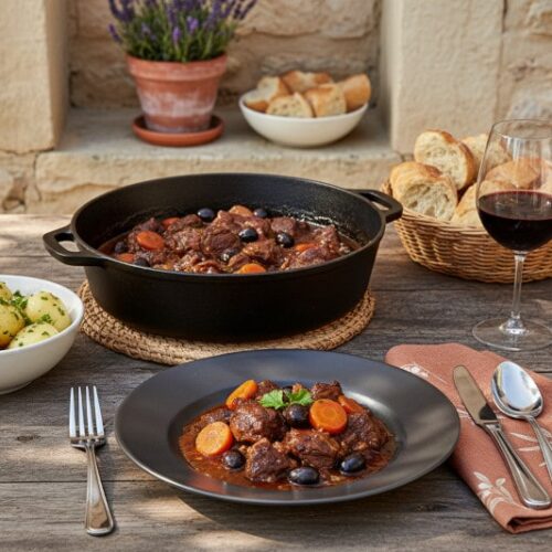 Wein zum Essen: Französisches Rinderragout Daube Provençale im Bräter mit einem Glas Rotwein auf einer Terrasse.