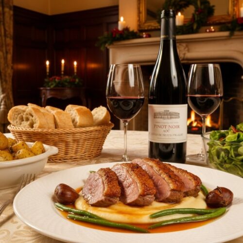 Wein zum Essen: Elegante Entenbrust à l’Orange mit Selleriepüree und Maronen, perfekt harmonisiert mit einem Pinot Noir aus der Côte de Nuits.