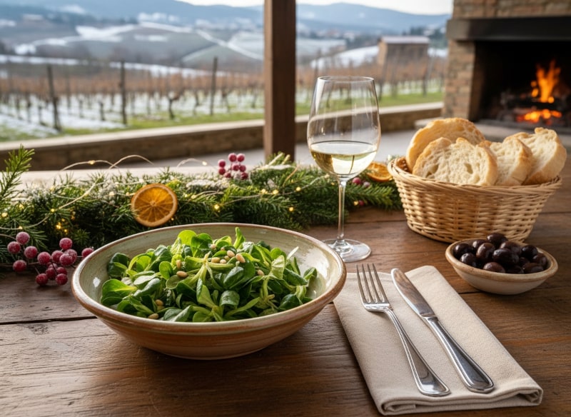 Wein zum Essen – Feldsalat mit Ziegenkäse und frischen Zutaten auf einem schön gedeckten Tisch.