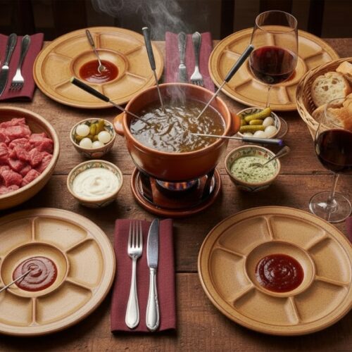 Wein zum Essen: Fondue Bourguignonne mit Saucen-Trio, perfekt begleitet von einem weichen Merlot aus den Colli Orientali del Friuli.