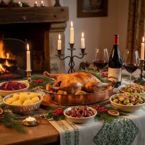 Wein zum Essen: Gänsebraten mit Apfelrotkohl und Kartoffelknödeln, serviert mit badischem Spätburgunder auf einer festlichen Tafel.