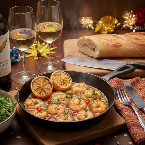 Wein zum Essen: Pfanne mit Garnelen in Knoblauchöl und Chili neben einem Glas Vermentino di Gallura an Silvester