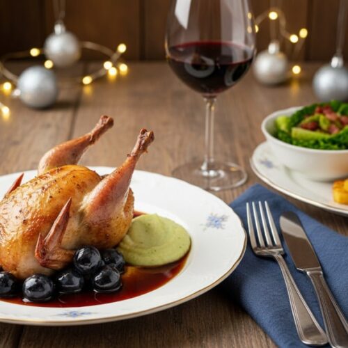 Wein zum Essen gebratene Wachtel mit Trauben und Rosmarinjus neben einem Glas Burgunder Wein.