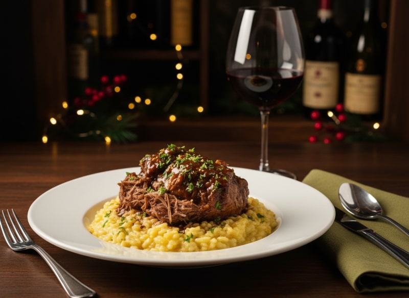 Wein zum Essen: Geschmorte Kalbshaxe Ossobuco alla Milanese mit Zitronenrisotto, perfekt kombiniert mit einem kraftvollen Barolo DOCG.