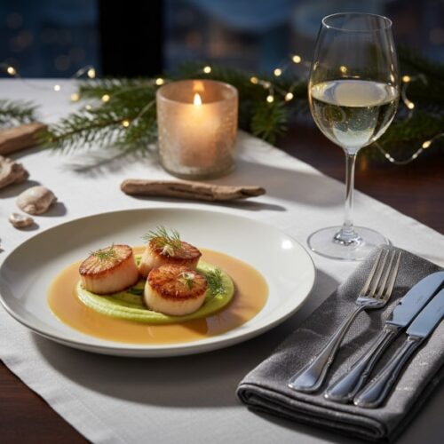 Wein zum Essen Jakobsmuscheln auf Selleriepüree mit Vanillejus, elegant angerichteter Fine-Dining-Teller, Sauvignon Blanc Marlborough im Glas, festlich gedeckter Restauranttisch.
