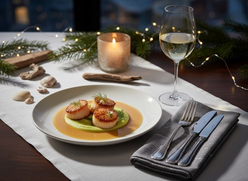Wein zum Essen Jakobsmuscheln auf Selleriepüree mit Vanillejus, elegant angerichteter Fine-Dining-Teller, Sauvignon Blanc Marlborough im Glas, festlich gedeckter Restauranttisch.