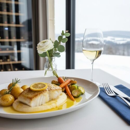 Wein zum Essen – Kabeljau mit Blumenkohlpüree und Zitronenbutter, serviert mit Ofenkartoffeln, Gemüse und einem Glas Chablis in modernem Bistroambiente