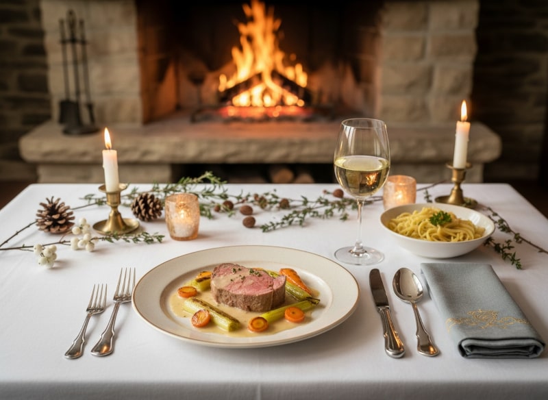 Wein zum Essen Kalbsfilet in Weißweinrahm mit Karotten und Lauch auf elegant gedecktem Wintertisch, dazu Chenin Blanc Vouvray AOC im Glas.