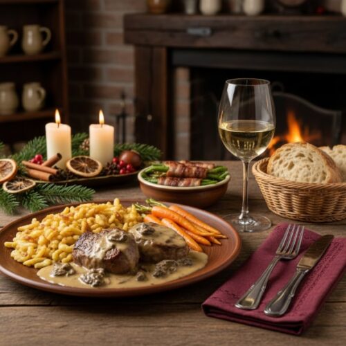 Wein zum Essen – Kalbsmedaillons mit Morchelrahm und Spätzle, serviert mit Gemüse und einem Glas Weißburgunder in gemütlicher Wirtshausatmosphäre