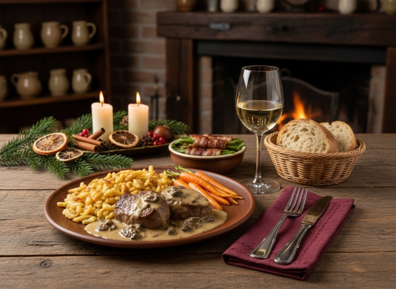 Wein zum Essen – Kalbsmedaillons mit Morchelrahm und Spätzle, serviert mit Gemüse und einem Glas Weißburgunder in gemütlicher Wirtshausatmosphäre